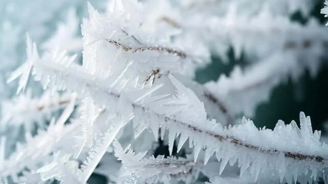 Crystals of ice build up on a cold surface, showing their intricate shapes and clear colors. This event takes place in a natural setting during the winter season