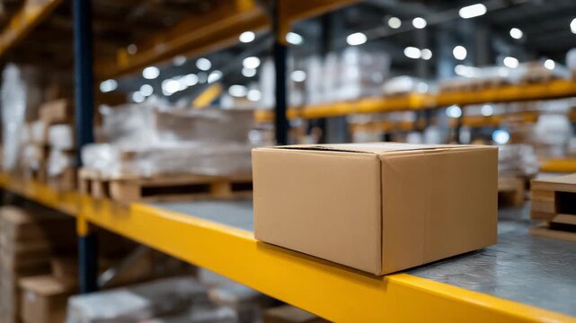 291Macro close-up of a packaged wooden cabinet on a warehouse shelf, surrounding furniture items blurred, soft industrial lighting, tidy storage and organized distribution theme