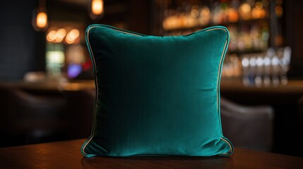 Fototapeta premium Deep Emerald Green Velvet Cushion With Gold Trim Placed Artfully On A Table