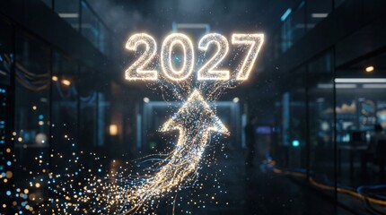 Obraz premium Glowing 2027 arrow with particle trail in office corridor. Business growth future concept.