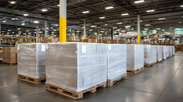 311Wide shot of multiple white-plastic-wrapped furniture boxes across a spacious warehouse, bright overhead lighting, clean and organized pallet layout, distribution and logistics con