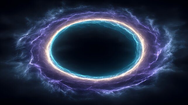 Glowing cosmic portal in deep space with vibrant blue and purple energy rings representing fourth dimension and time travel concept
