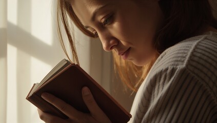 Obraz premium Holding small brown hardcover book, woman in light ribbed sweater reading beside window muntins