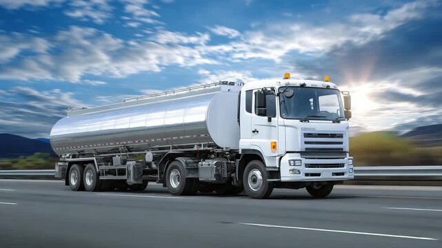 329Chemical tanker truck driving on a sunlit highway, reflective stainless steel tank glinting, road stretching into horizon, safety decals visible, dynamic transport scene, industria