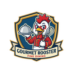 This image features a whimsical rooster character designed for a gourmet dining logo, showcasing a chef's hat and kitchen tools in a vibrant and playful manner.