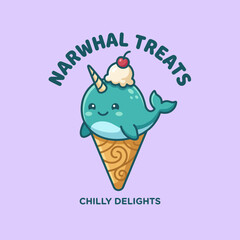 This playful logo showcases a cute narwhal with an ice cream cone, appealing to a fun-loving audience looking for delightful and whimsical treats in a colorful presentation. © nan sun