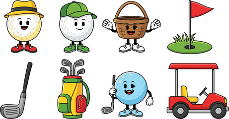 Cute golf elements collection with cartoon characters clubs cart and flag isolated on white background sport vector illustration set © Prodip
