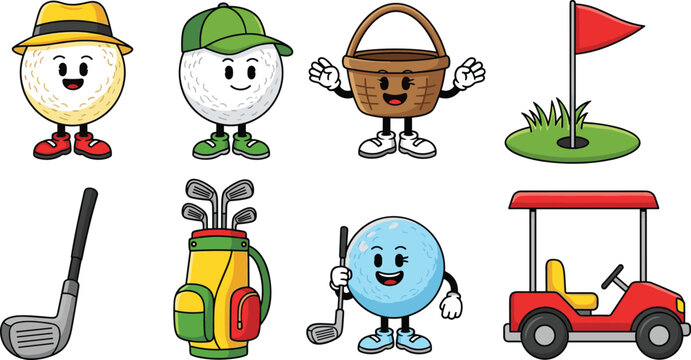 Cute golf elements collection with cartoon characters clubs cart and flag isolated on white background sport vector illustration set