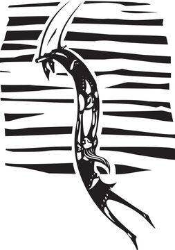Woodcut style image of trapeze artists at a circus