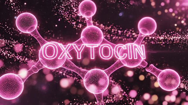 Oxytocin molecule glowing in a scientific rendering, illustrating the "love hormone's" biochemical structure, neural impact, and importance in emotional well-being research