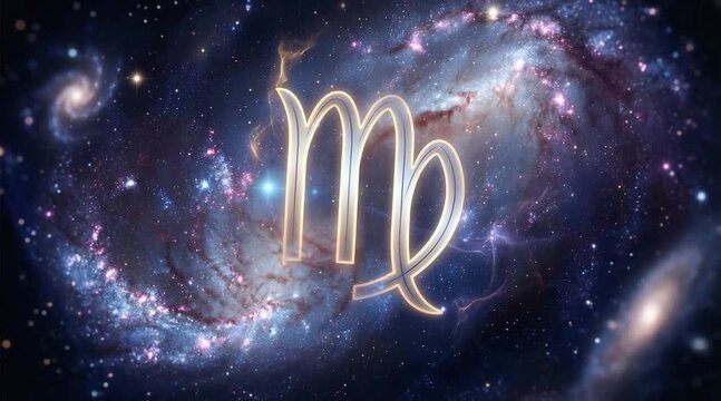 Virgo zodiac sign glowing in deep space. Astrological symbol floating against nebula background. Celestial horoscope icon for cosmic astrology and night sky study.