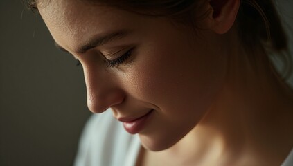 Fototapeta premium Tilting head down, closeup woman profile in softly lit room, showing eyelashes, skin, collar