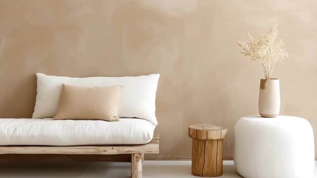 In a warm cinnamon brown living room, a sofa is placed against the wall with a pillow. A wooden table and a white round table hold simple decor items like a vase with dried flowers