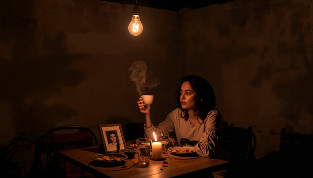 屋外の小さな灯りの下で静かに供養する中南米30代女、メキシコの食卓と夜風