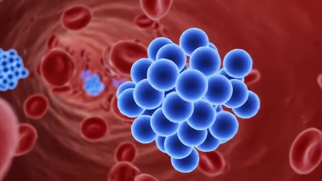 Blood clot formation in a vessel with red blood cells and platelets, representing thrombosis and cardiovascular obstruction risks in a scientific illustration