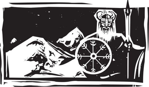 Woodcut style image of  Viking and Mountain