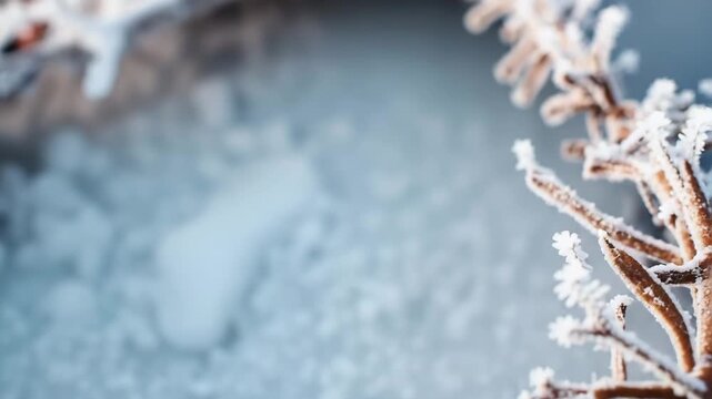 Frost covers the ground, forming delicate patterns in a forest early in the morning. The cold air creates a crisp landscape with ice crystals shining in the light