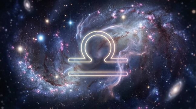 Glowing Libra zodiac symbol against the backdrop of a swirling deep space galaxy. Cosmic astrological sign floating in the night sky. Astronomy mystical concept.