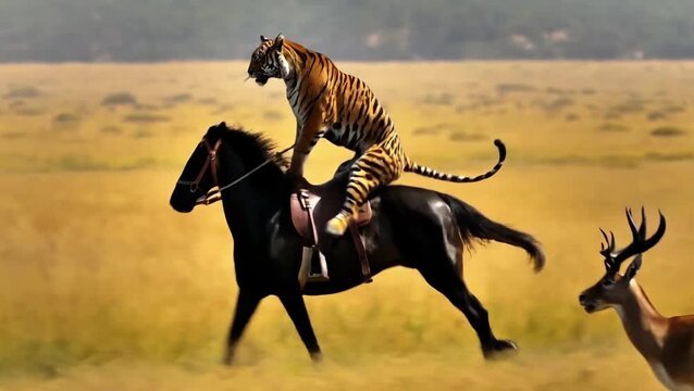 Realistic Bengal Tiger on Galloping Horse Hunting Panicked Deer; Cinematic 8K Action, Golden Savanna Blur, High Shutter Speed.