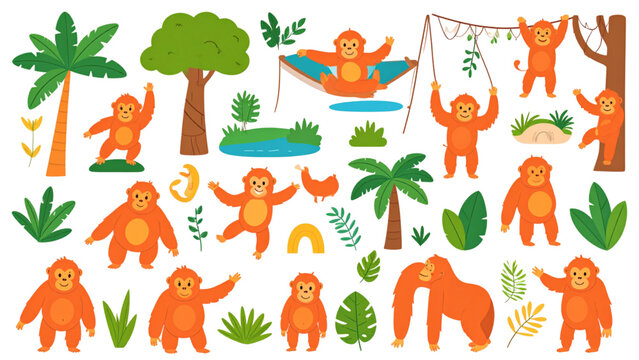 Playful orange monkeys in tropical jungle with hammock, rainbow, and palm trees, cheerful vector illustration for children and education