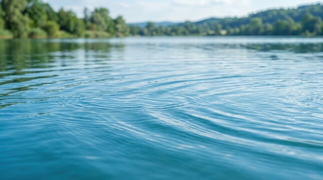 Calm Surface of Blue Water with Gentle Ripples and Green Landscape Background