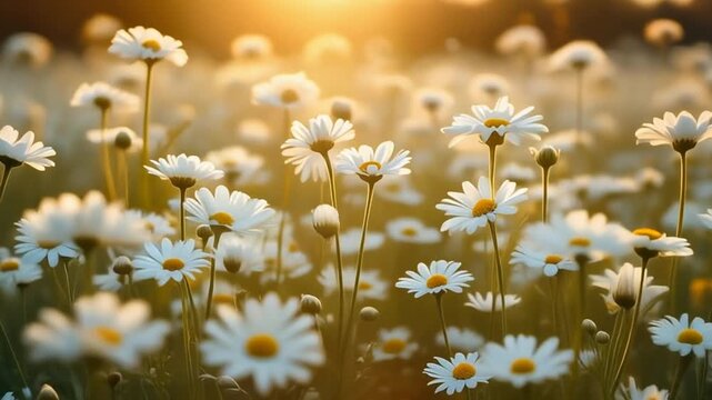 beautiful white daisies in a field at sunset
