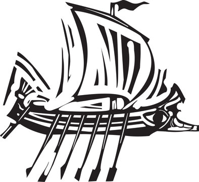 Woodcut style image of a Greek Galley 