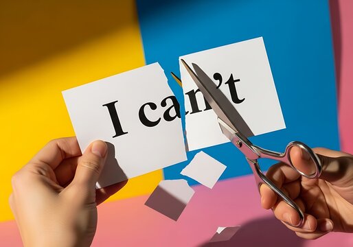 Person cutting paper with scissors and changing negative thoughts to positive ones