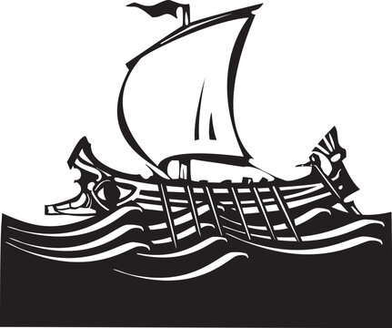 Woodcut style image of a Greek Galley at sea