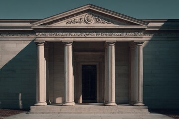 Fototapeta premium Grand stone facade with classic pillars, ornate details, and deep shadows
