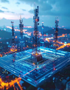 Global communication network concept featuring telecom towers connecting illuminated smart cities across the Earth from space at night