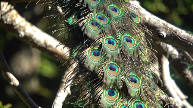 A close-up of vibrant peacock tail feathers with iridescent eye-like patterns among branches