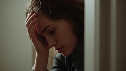 Fototapeta premium Leaning woman pressing hand to forehead at home by doorframe, in dark sweater, soft lighting