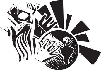 Fototapeta premium Woodcut style expressionist image of God creating the earth