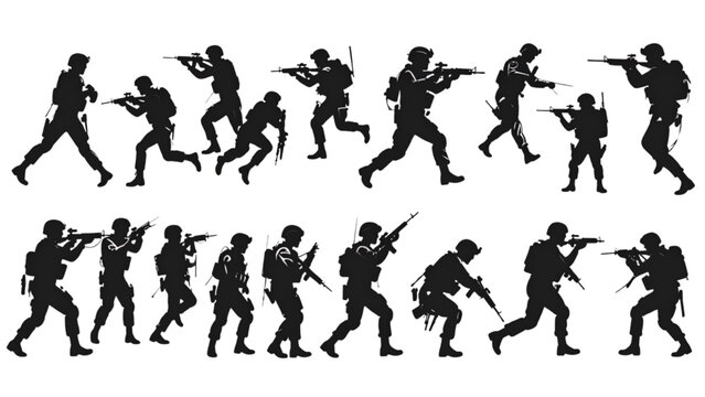 Black soldier silhouettes in tactical combat poses with rifles and gear, military vector illustration representing battlefield readiness and defense