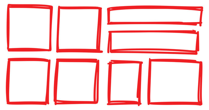 A collection of eight blank white rectangles with red borders
