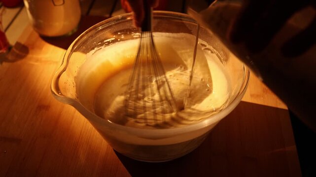 A slow motion close-up of a hand whisking creamy liquid batter in a glass bowl under warm kitchen lighting. 4k stock video