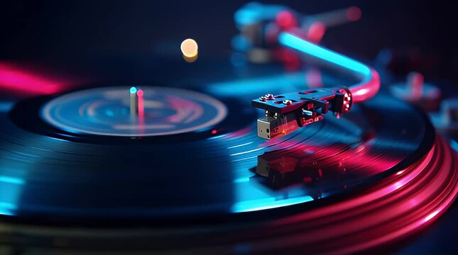 A close-up view of a record player's arm on a vinyl with colorful lights.
