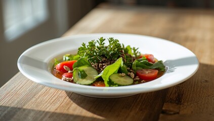Showing white bowl sitting by sunlit window on rustic table, with cucumber, tomatoes, greens, seeds
