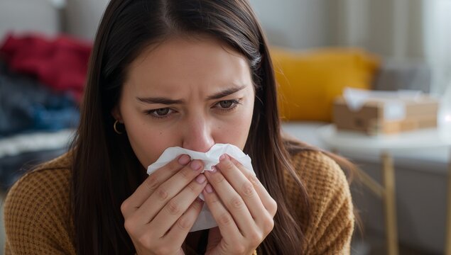 Holding crumpled white tissue, adult woman dabbing nose at home, wearing brown knit sweater