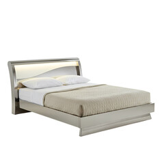 Obraz premium Modern metallic bed frame with integrated lighting and plush bedding captured in a clean studio photograph