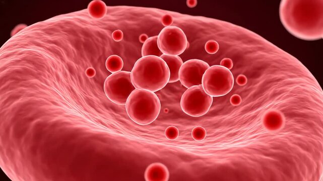 Dynamic microscopic rendering of crucial red blood cells and clustering platelets, vividly illustrating the complex biological mechanisms of blood flow and potential vascular health concerns