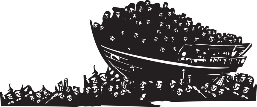 Woodcut style expressionist image of refugees ina sea of people riding an arabic dhow