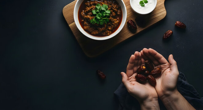 Delicious vegan chili bowl with fresh herbs and spices on a wooden board ramadan suhur