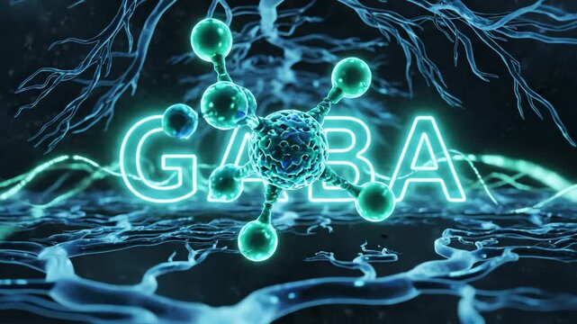 Intricate scientific illustration showcasing the GABA molecule in a dynamic neural environment, highlighting its crucial role in brain communication, relaxation, and mental well-being