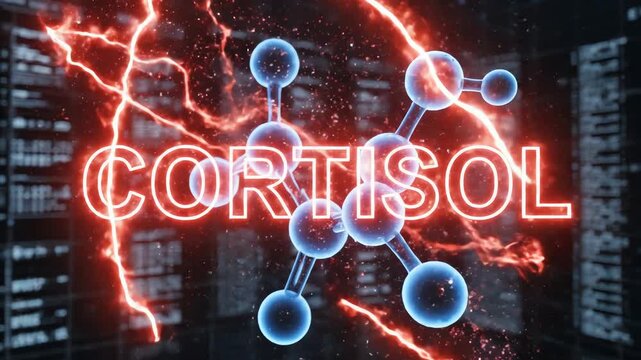 Dynamic visualization of the cortisol hormone's molecular structure, encircled by vibrant red energy, symbolizing its critical role in stress response and biological impact on health