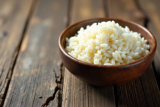 Bowl of uncooked parboiled rice on rustic wood , closeup, agricultural product, bowl of rice