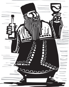 Woodcut style image of a Russian Czar with wine
