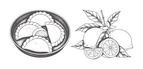 Obraz premium Black and white of baked empanadas and whole sliced lemons with leaves pastry