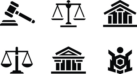 Fototapeta premium Legal Icons Set: Judge's Gavel, Scales of Justice, and Courthouse Building, Plus a Figure Shielded. Vector Graphics for Law, Justice, Courtroom, and Legal Representation Concepts
